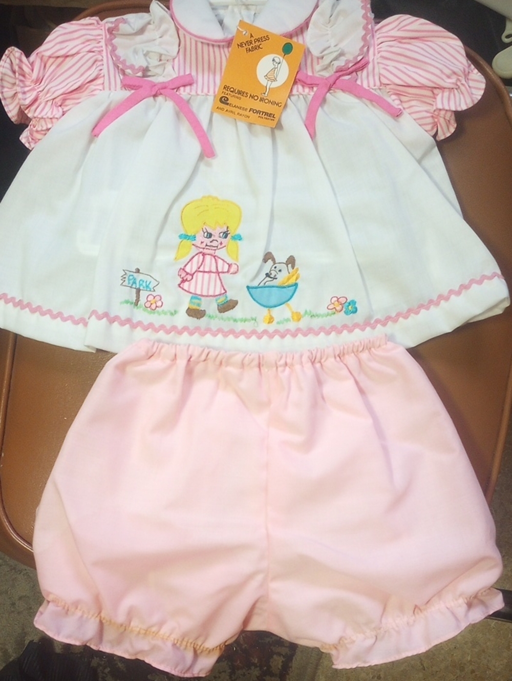 Vintage 2-Piece Pink & White Baby Dress w/ Stripes, Rick Rack & Bows, 18 Months
